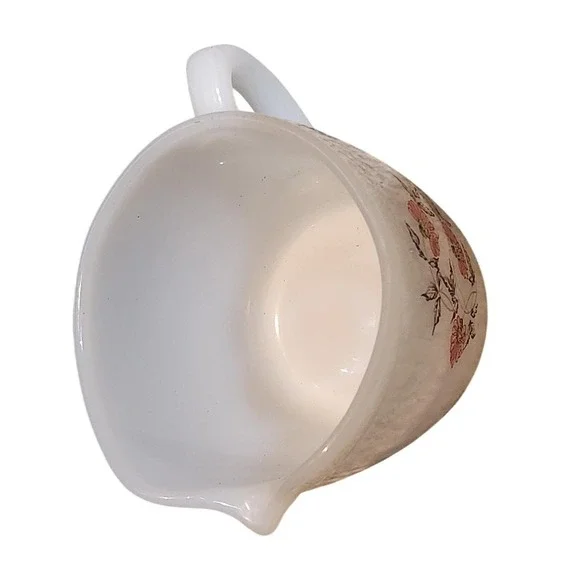 Vintage Fire King Fleurette Milk Glass Creamer‎ pot with pink & red floral MCM - Picture 3 of 6